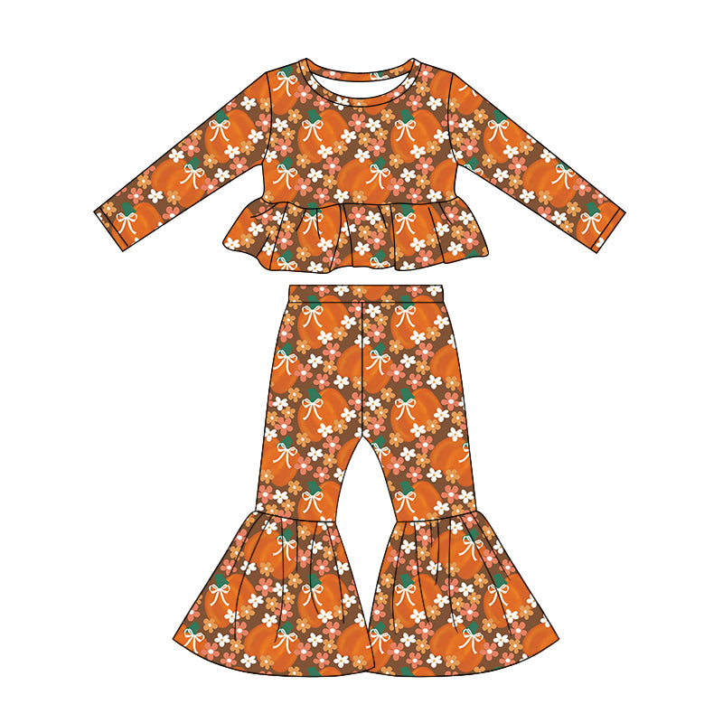(Pre Order) No moq Toddler Girls Cute Bows Pumpkin Print Bell Bottom Pant Fall Set