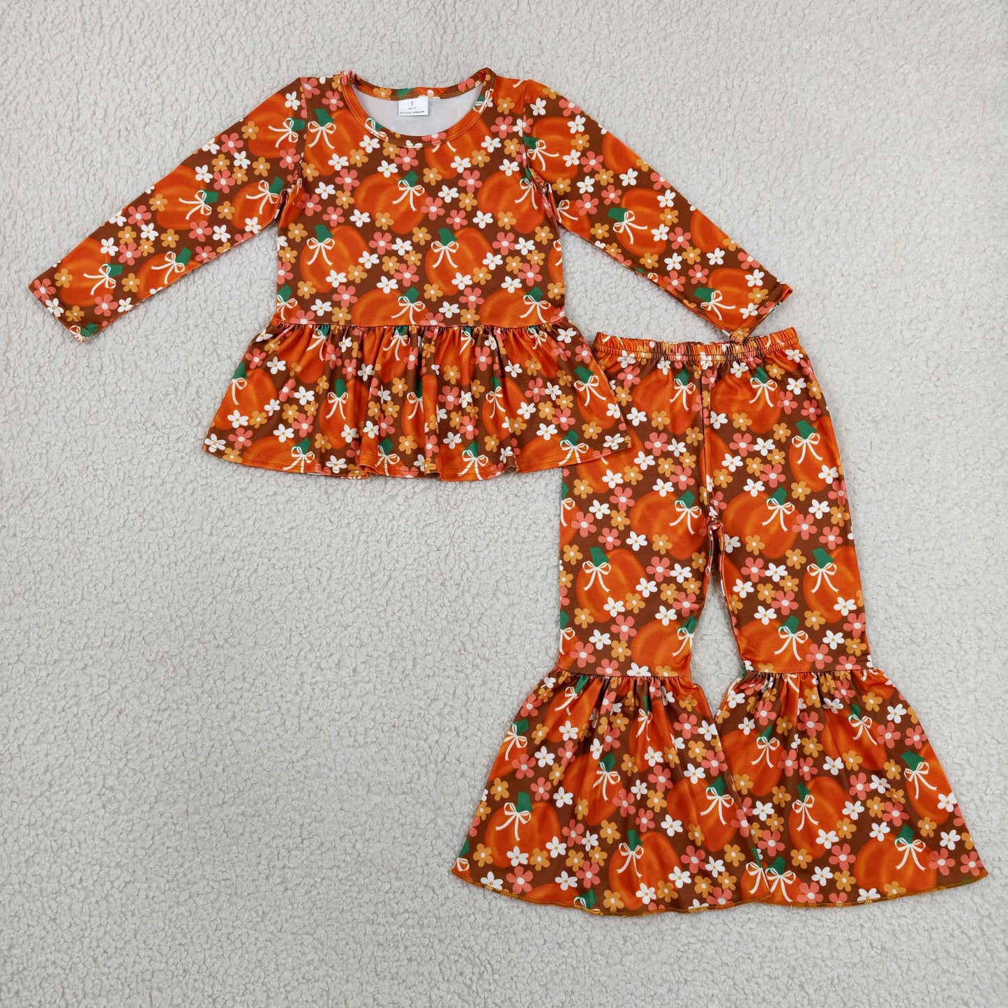 RTS NO MOQ milk silk GLP3343 Baby Girls Bows Pumpkin Flowers Print Top Bell Bottom Pants Fall Set