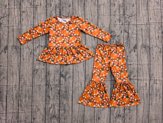 (Sample) No moq milk silk GLP3343 Baby Girls Bows Pumpkins And Flowers Print Top Bell Bottom Pants Fall Clothes Set
