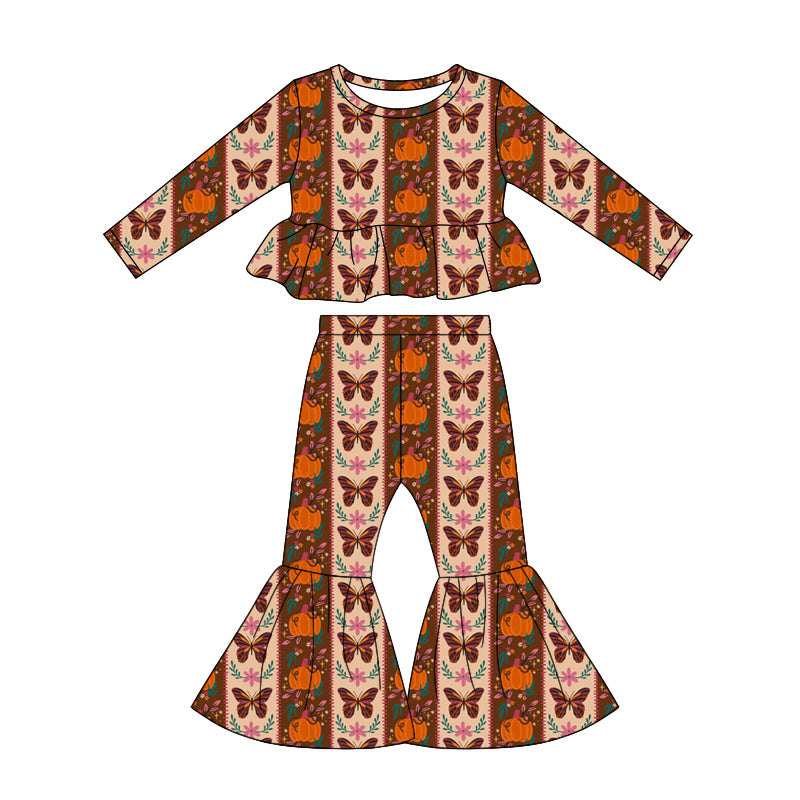 (Pre Order) No moq Toddler Girls Cute Bows Pumpkin Print Bell Bottom Pant Fall Set