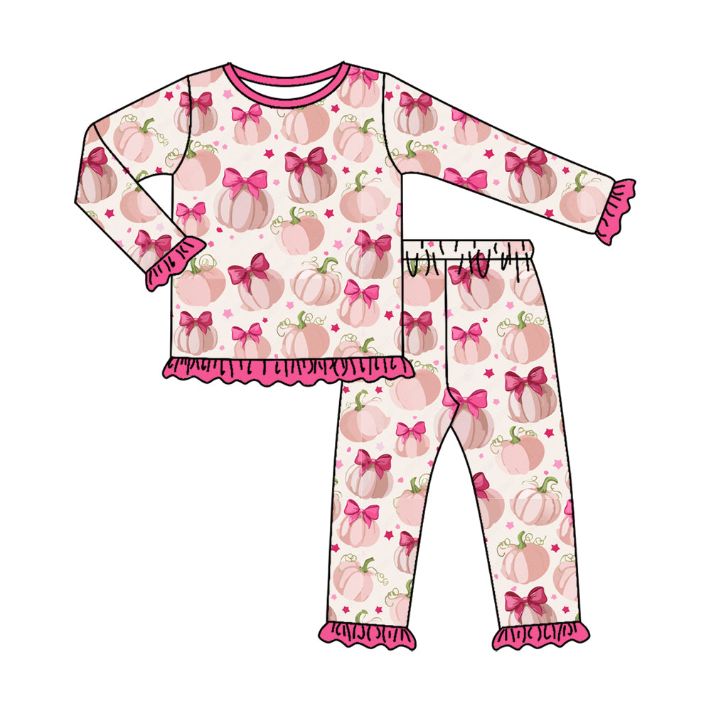 (Pre Order) No moq Baby Girls Casual Fall Clothing Set Pumpkin Top Pants Pajamas Set