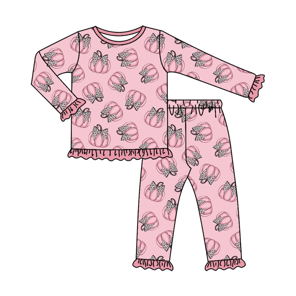 (Pre Order) No moq Baby Girls Casual Fall Clothing Set Pumpkin Top Pants Pajamas Set