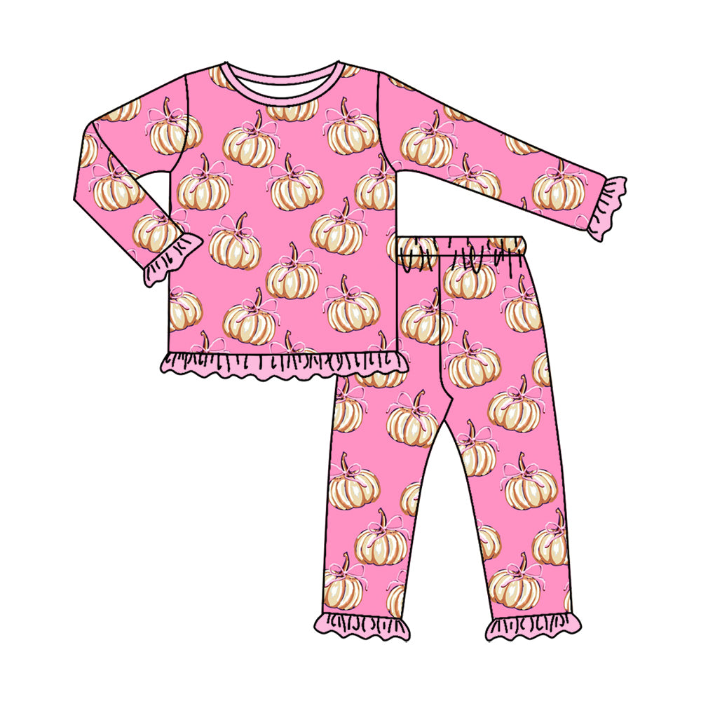 (Pre Order) No moq Baby Girls Casual Fall Clothing Set Pumpkin Top Pants Pajamas Set