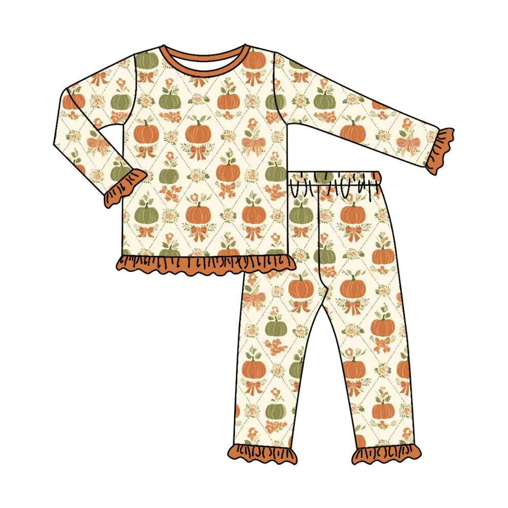 (Pre Order) No moq Baby Girls Casual Fall Clothing Set Pumpkin Top Pants Pajamas Set