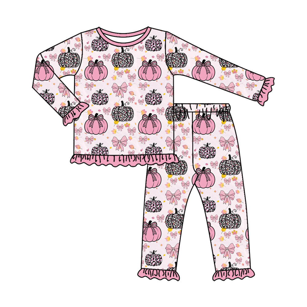 (Pre Order) No moq Baby Girls Casual Fall Clothing Set Pumpkin Top Pants Pajamas Set