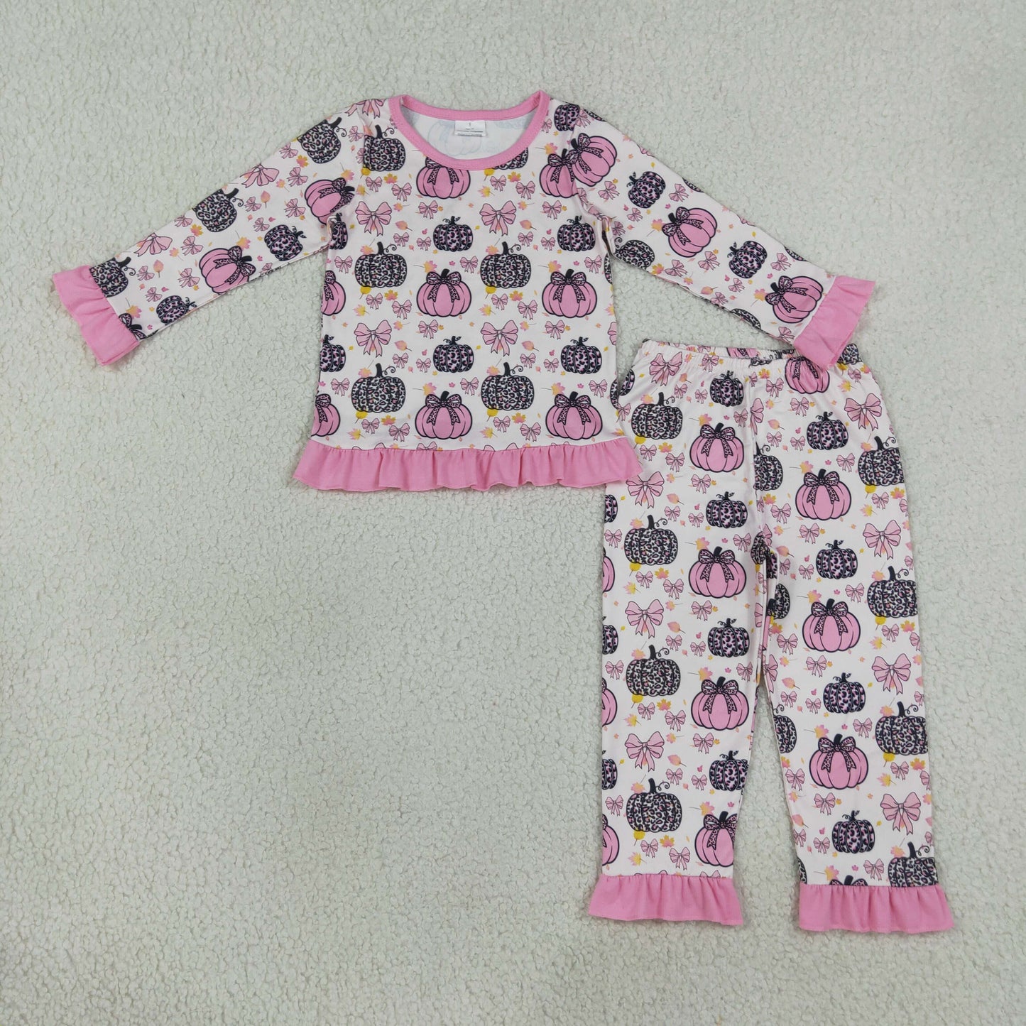 RTS No moq milk silk GLP3350 Baby Girls Pink Bow Leopard Pumpkin Print Long Sleeve Top Ruffle Pant Two Piece Fall Pajama Set（副本）