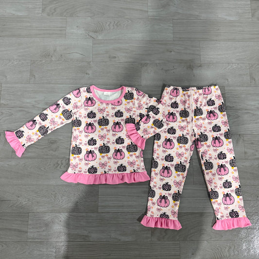 (Sample) No moq milk silk GLP3350 Baby Girls Pink Bow Leopard Pumpkin Print Long Sleeve Top Ruffle Pant Two Piece Fall Pajama Set