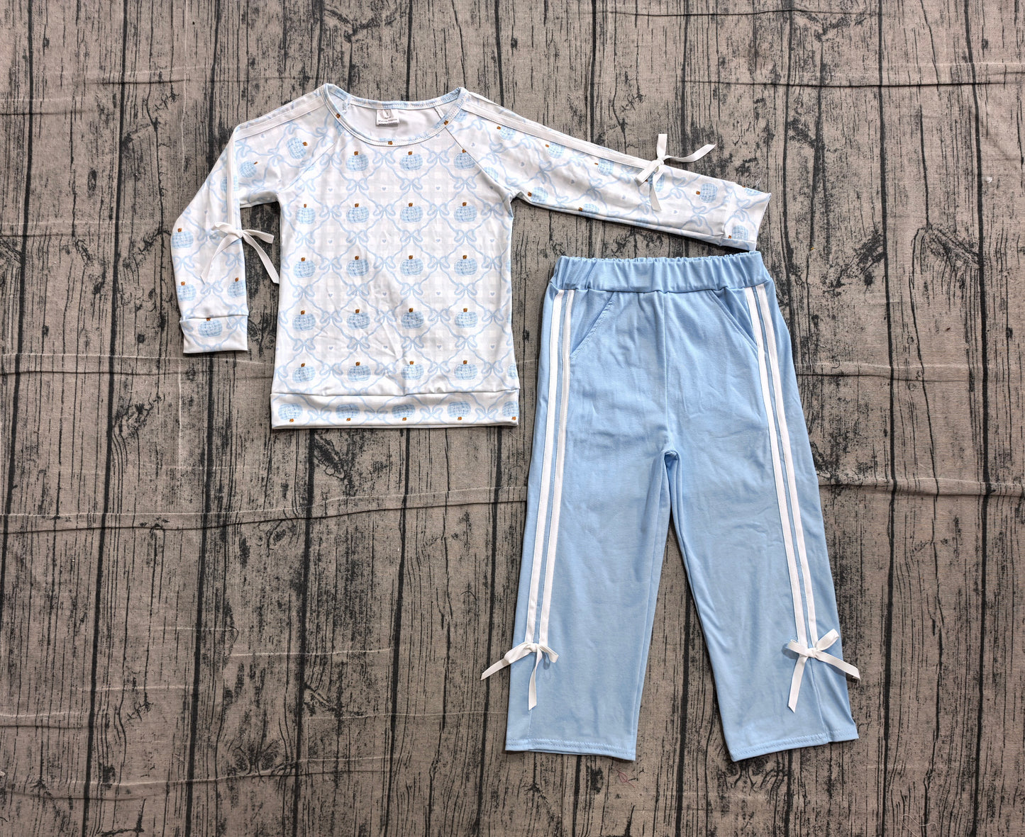 (Sample) No moq GLP3351 Baby Girls Blue Bow Pumpkin Pocket Top Pants Fall Holiday Set