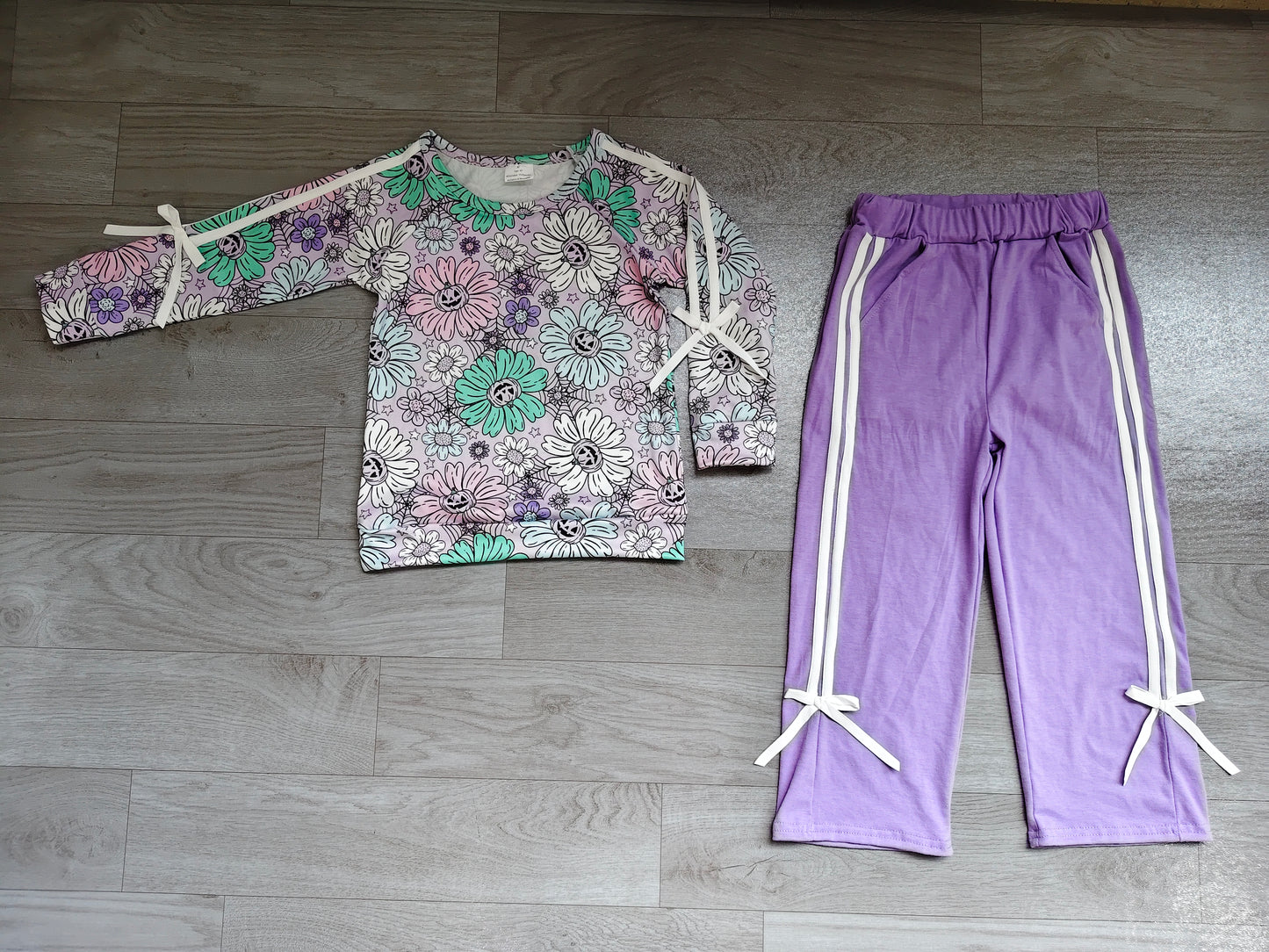 (Sample) No moq milk silk GLP3353 Baby Girls Halloween Ghost Floral Print Pocket Long Sleeve Top Pants Outfit Set
