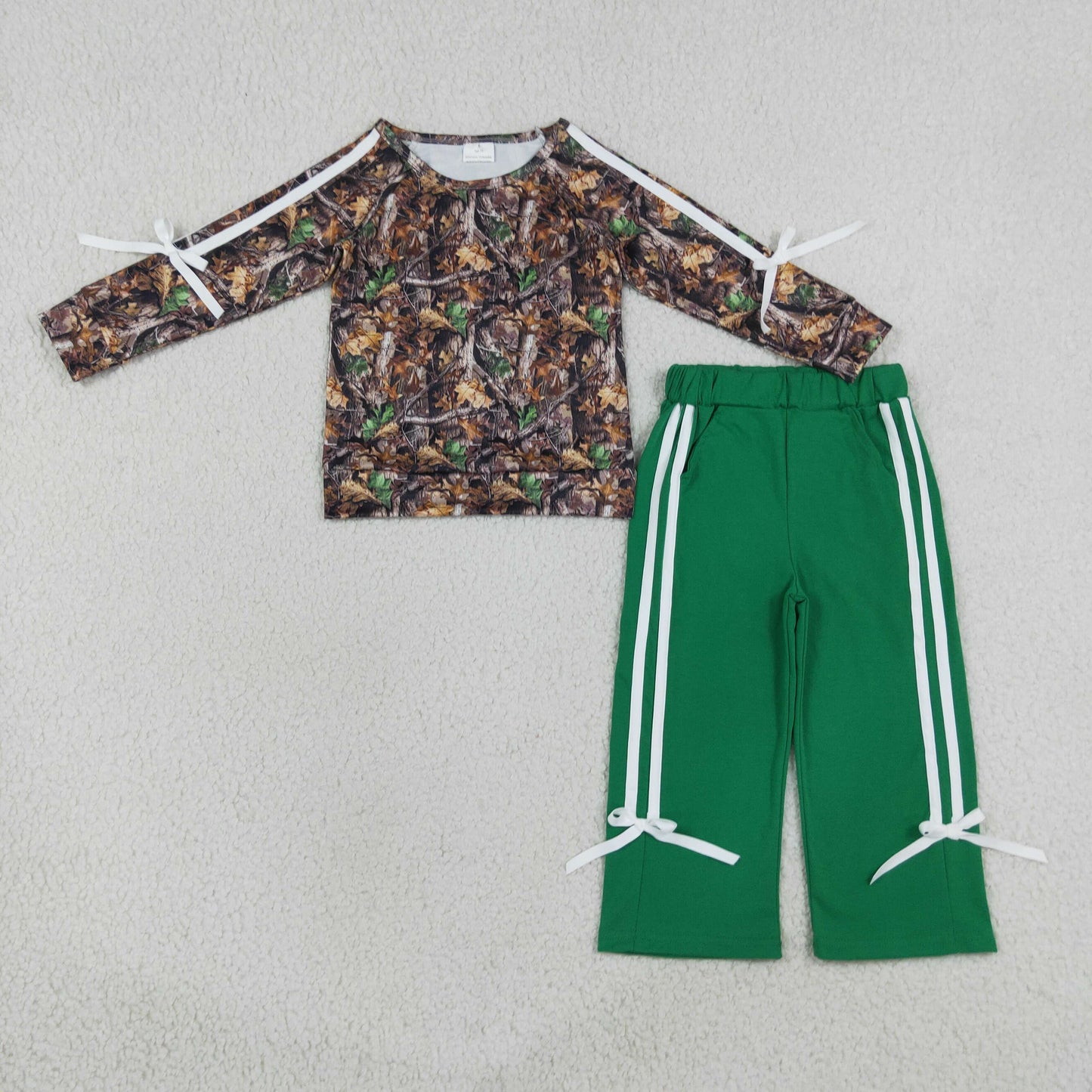 RTS No moq milk silk GLP3358 Baby Girls Long Sleeve Leaves Camo Top Pockets Bows Pant Clothes Sets
