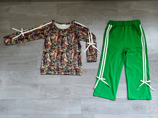(Sample) No moq milk silk GLP3358 Baby Girls Fall Leaf Camo Print Pocket Long Sleeve Shirt Top Pants Outfit Set