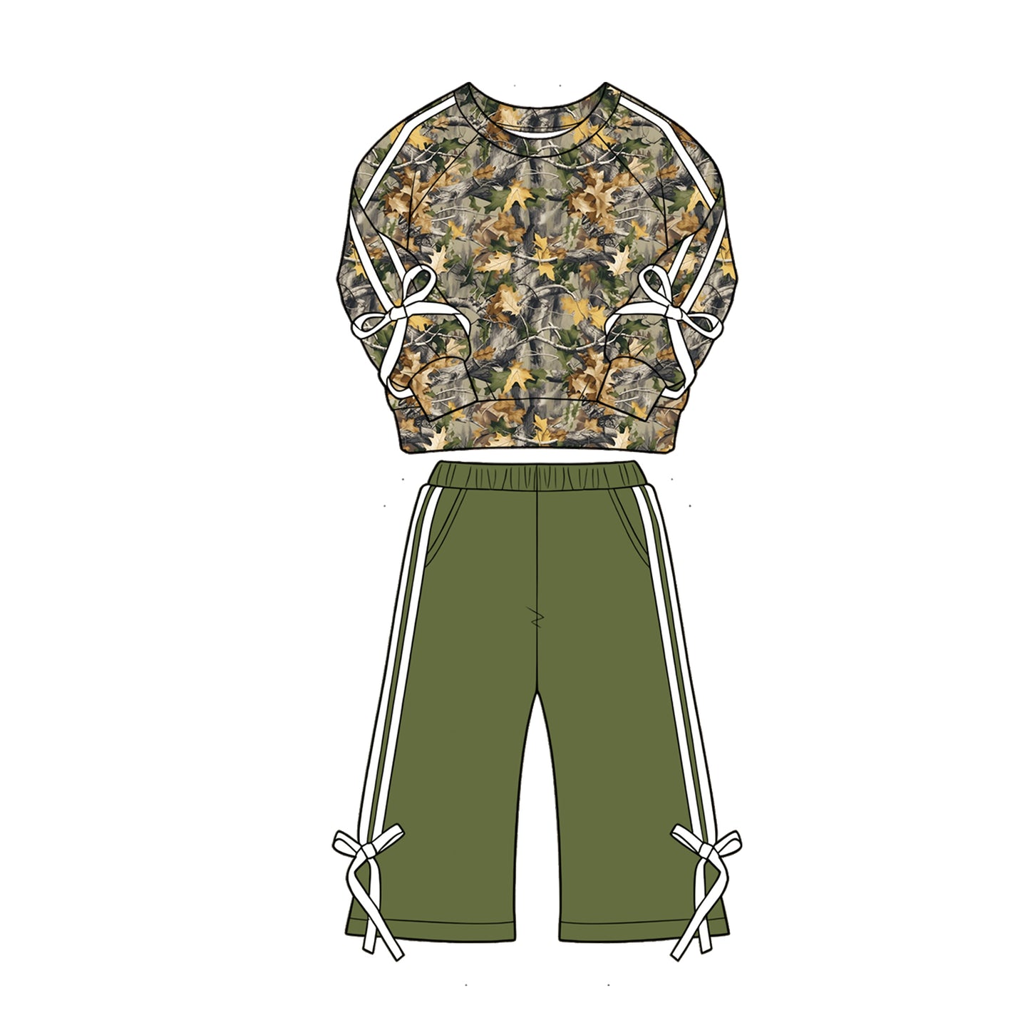 (Pre Order) No moq Baby Girls Fall Leaves Camo Pocket Shirt Flare Pant Set