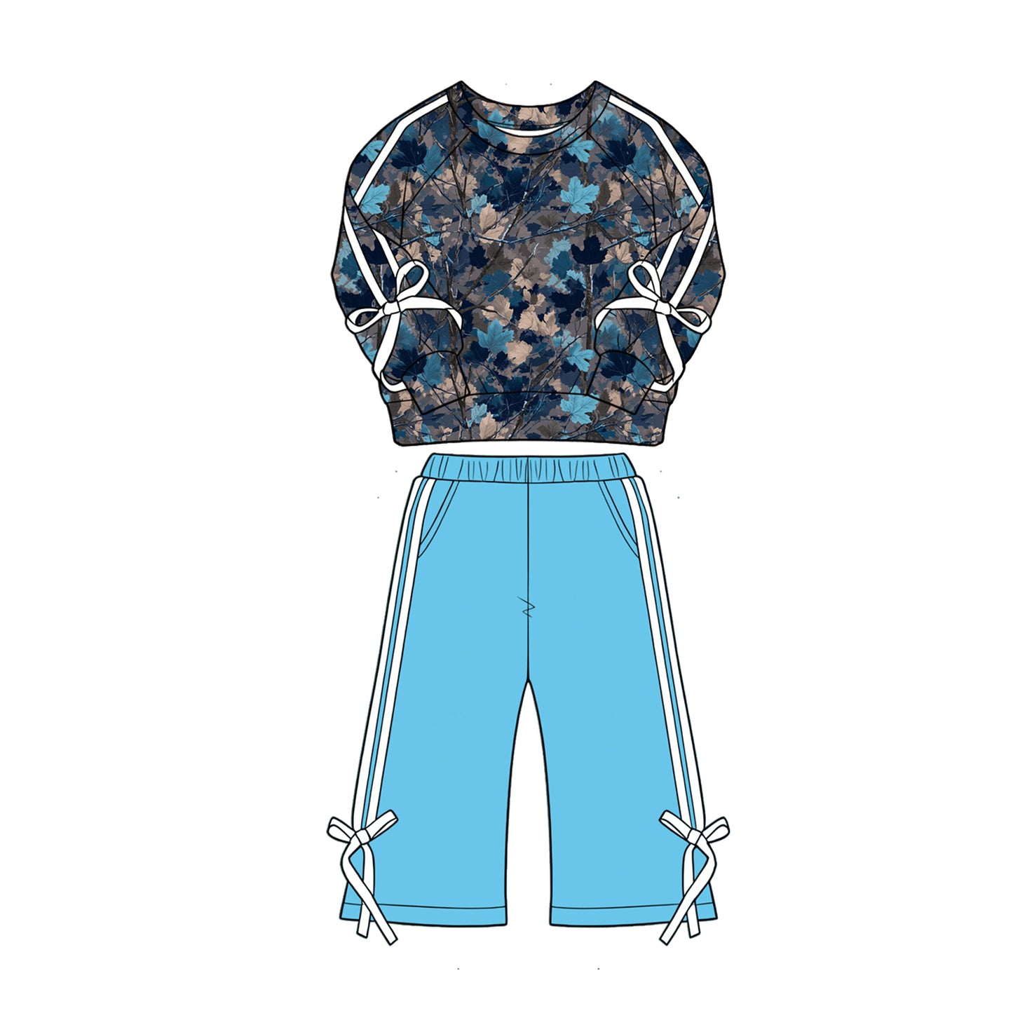 (Pre Order) No moq Baby Girls Fall Leaves Camo Pocket Shirt Flare Pant Set