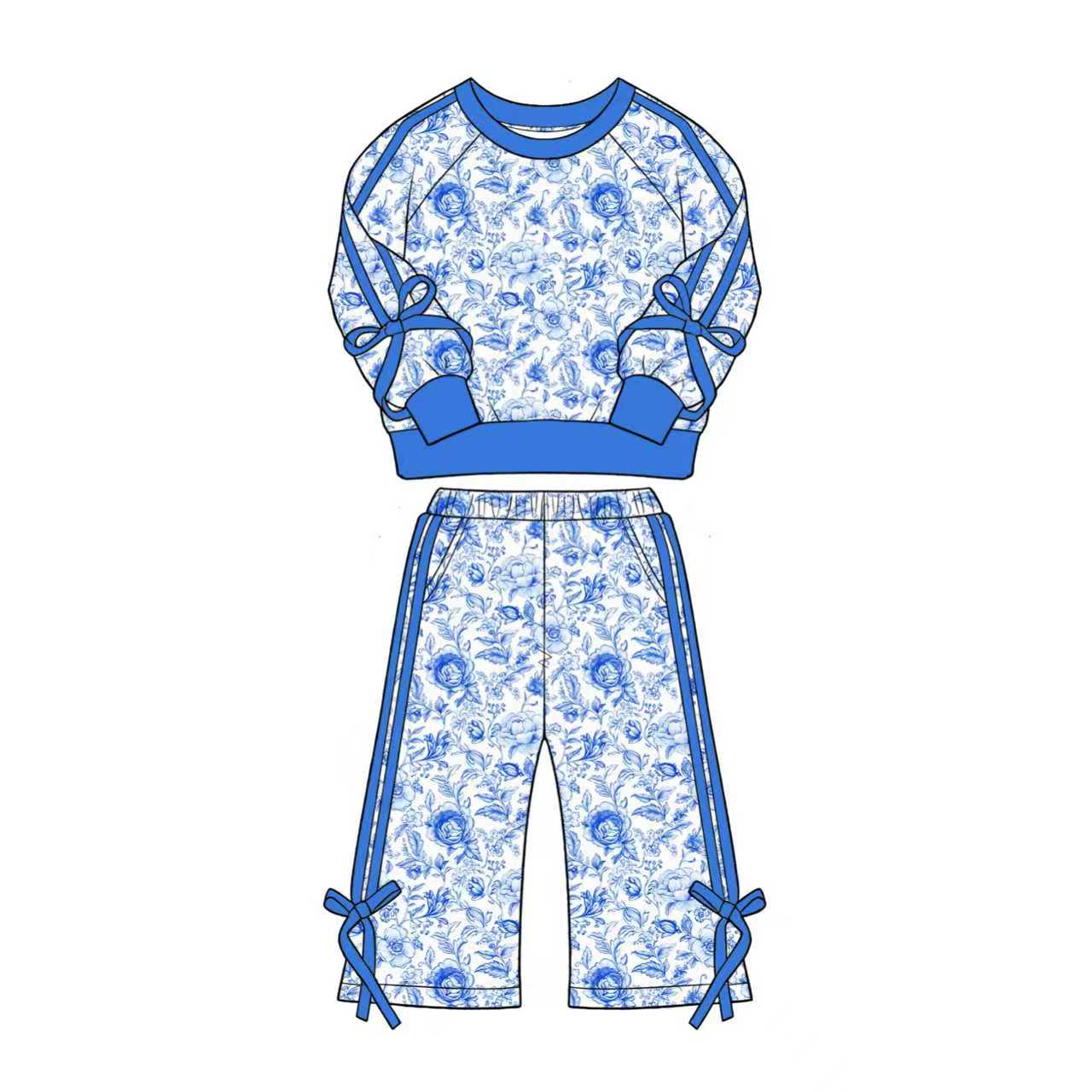(Pre Order) No moq Baby Girls Floral Pocket Top Flare Pant Fall Clothes