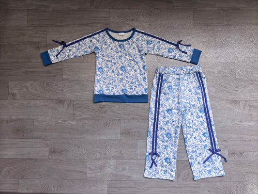 (Sample) No moq milk silk GLP3364 Baby Girls Blue Floral Print Long Sleeve Top Pockets Flare Pant Two Piece Fall Outfit Set