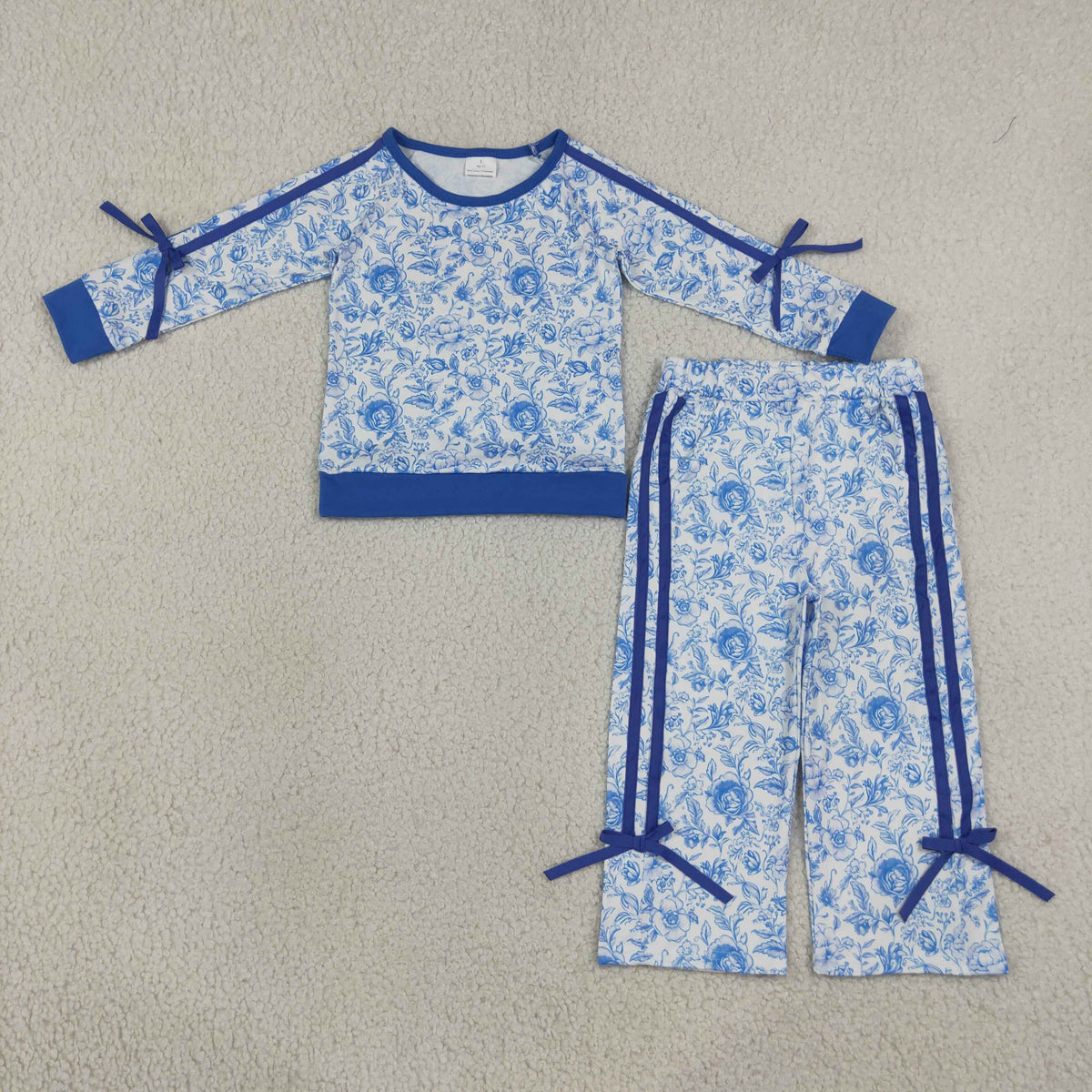 RTS NO MOQ Sibling milk silk Baby Girls Floral Print Bow Sleeve Top Side Bow Stripe Pant Matching Set