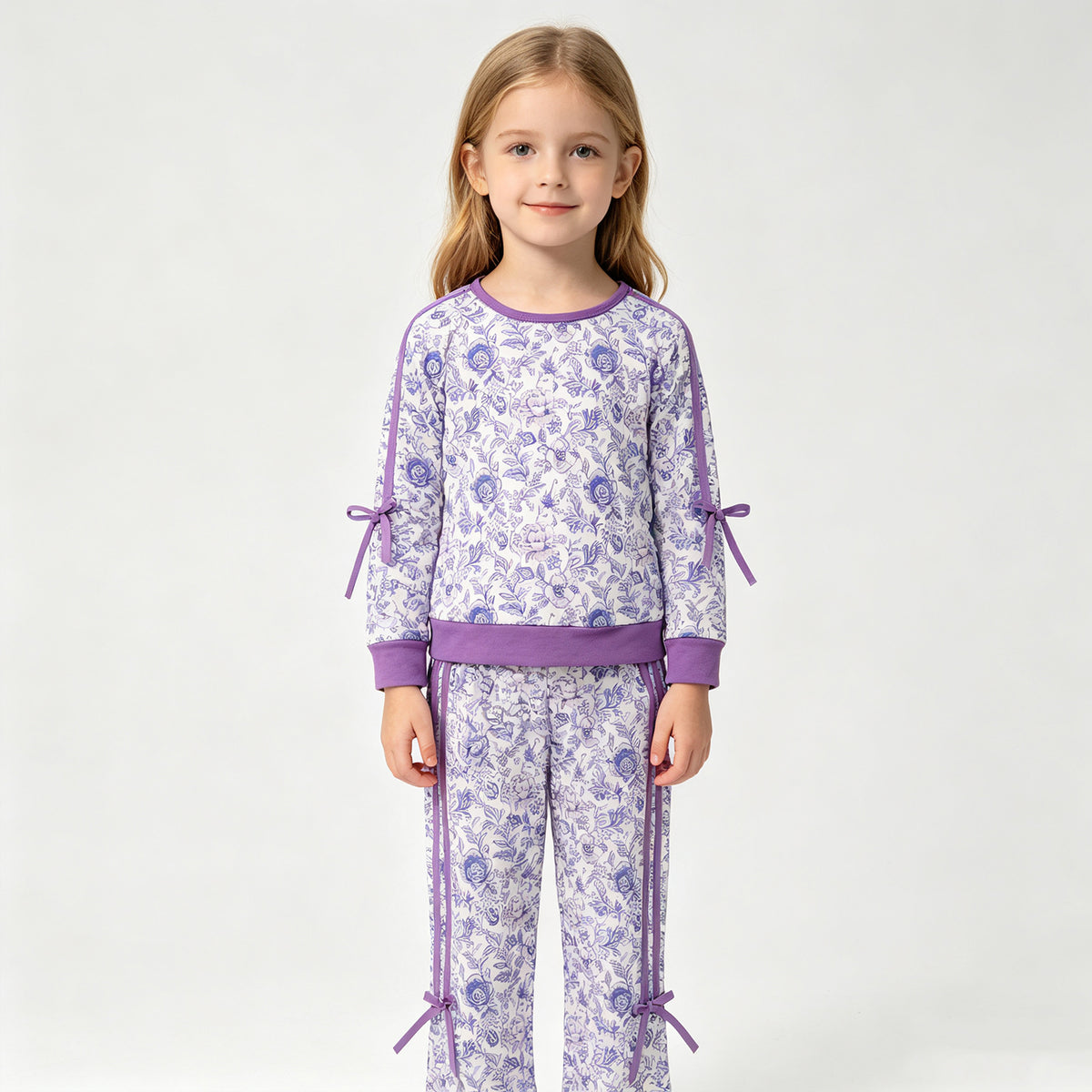 (Sample) No moq milk silk GLP3365 Baby Girls Purple Flowers Print Top Pockets Flare Pant Fall Clothes Sets
