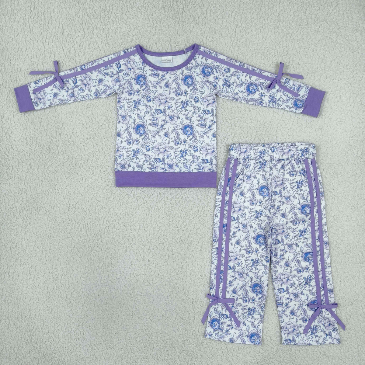 RTS NO MOQ Sibling milk silk Baby Girls Floral Print Bow Sleeve Top Side Bow Stripe Pant Matching Set