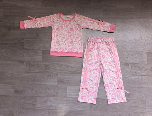 (Sample) No moq milk silk GLP3366 Baby Girls Pink Floral Print Long Sleeve Top Pockets Flare Pant Two Piece Fall Outfit Set