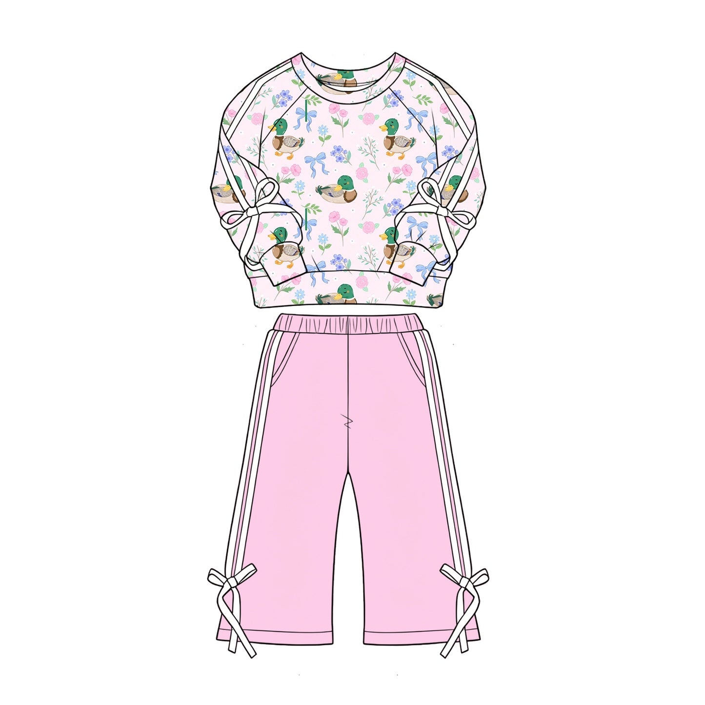 (Pre Order) No moq Baby Girls Cute Ducks Flowers Top Flare Pant Hunting Clothes Rompers Dress