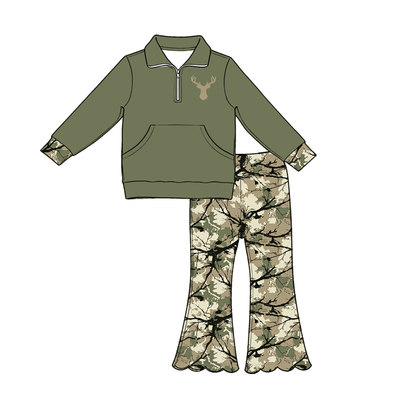 (Pre Order) No moq Baby Girls Green Deer Pocket Pullover Scallop Hem Flare Pants Set