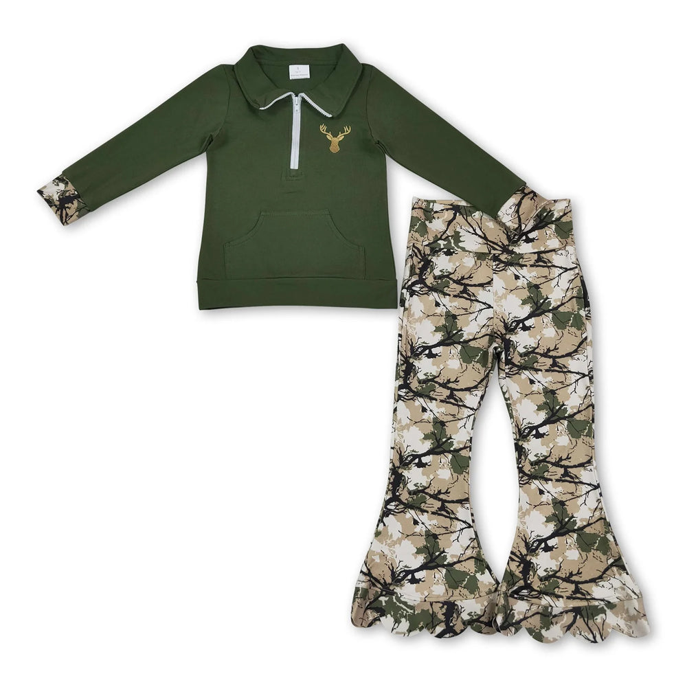 RTS NO MOQ Sibling milk silk Baby Girls Camo Deer Duck Half Zip Pullover And Ruffle Flare Pants Set