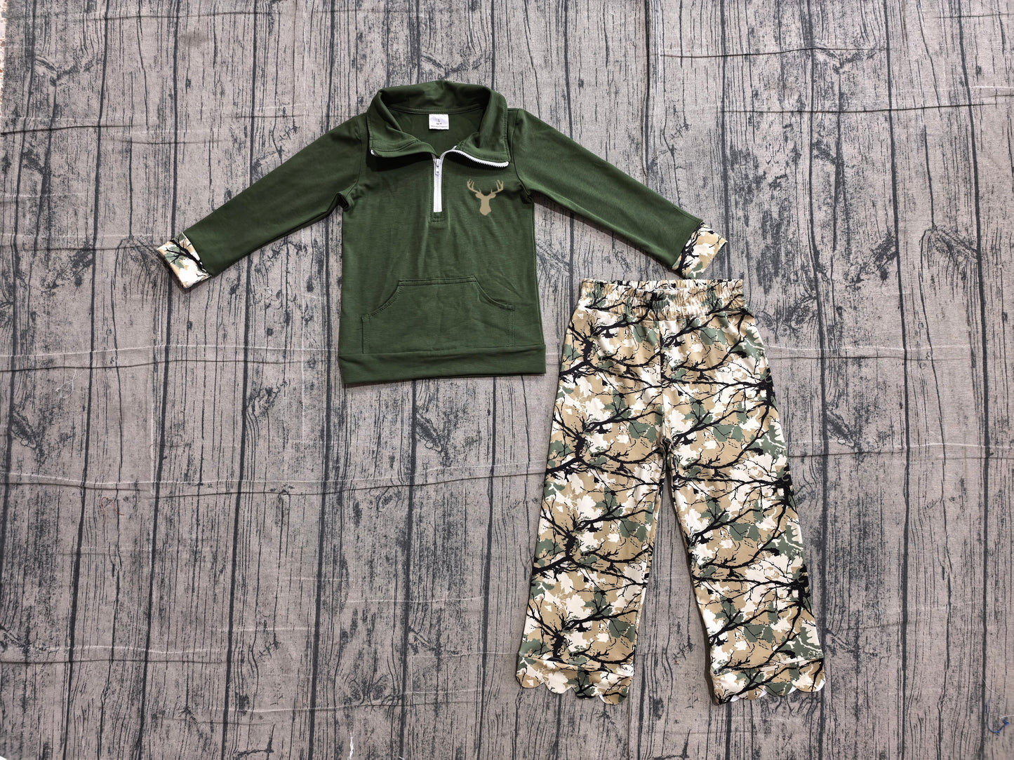(Sample) No moq GLP3369（GT1694+P1035） Embroidery Baby Girls Green Deer Embroidery Zip Pocket Top Scallop Full Length Pants Casual Outfit Sets
