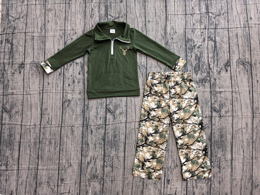 (Sample) No moq GLP3369（GT1694+P1035） Embroidery Baby Girls Green Deer Embroidery Zip Pocket Top Scallop Full Length Pants Casual Outfit Sets