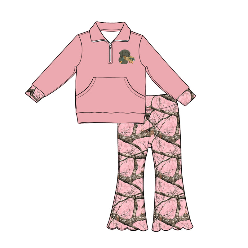 (Pre Order) No moq Baby Girls Green Deer Pocket Pullover Scallop Hem Flare Pants Set
