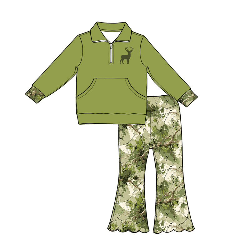 (Pre Order) No moq Baby Girls Green Deer Pocket Pullover Scallop Hem Flare Pants Set