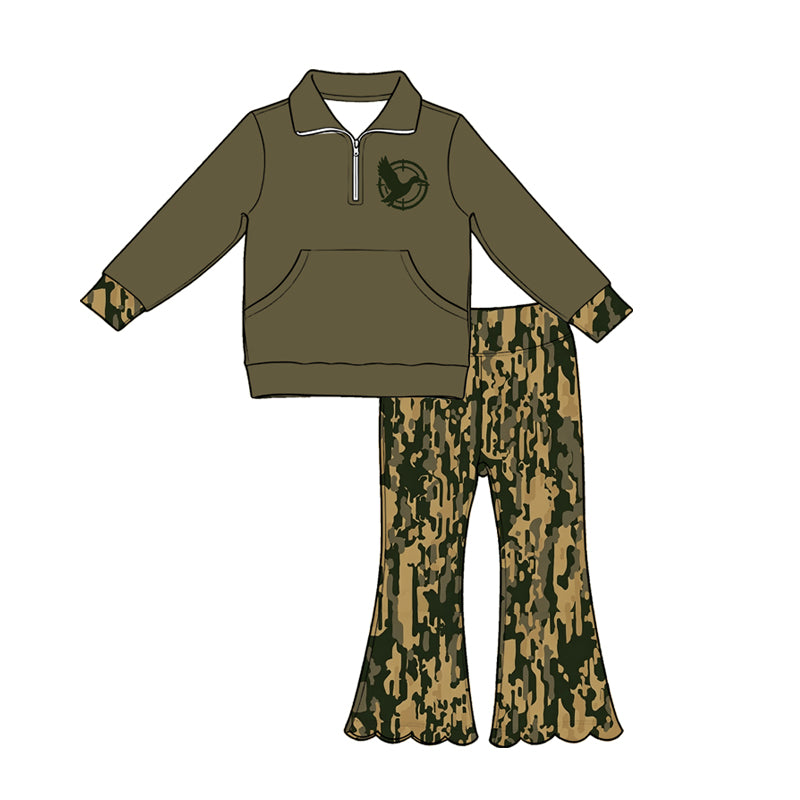 (Pre Order) No moq Baby Girls Green Deer Pocket Pullover Scallop Hem Flare Pants Set