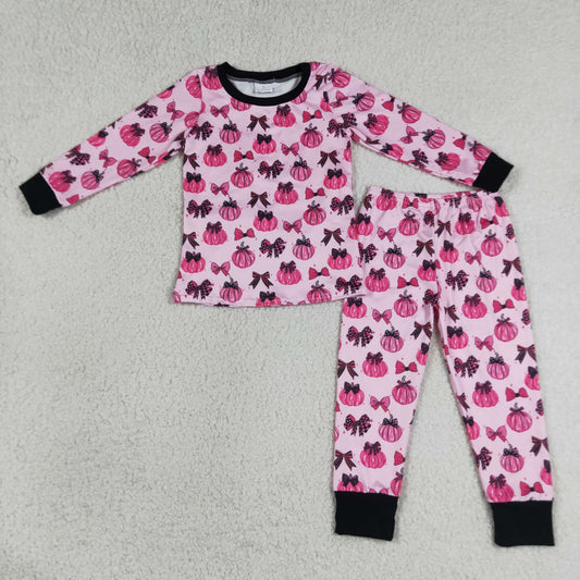 RTS NO MOQ milk silk GLP3375 Baby Girls Pink Bow Pumpkin Print Long Sleeve Top Elastic Waist Long Pants Fall Pajamas Sleepwear Sets