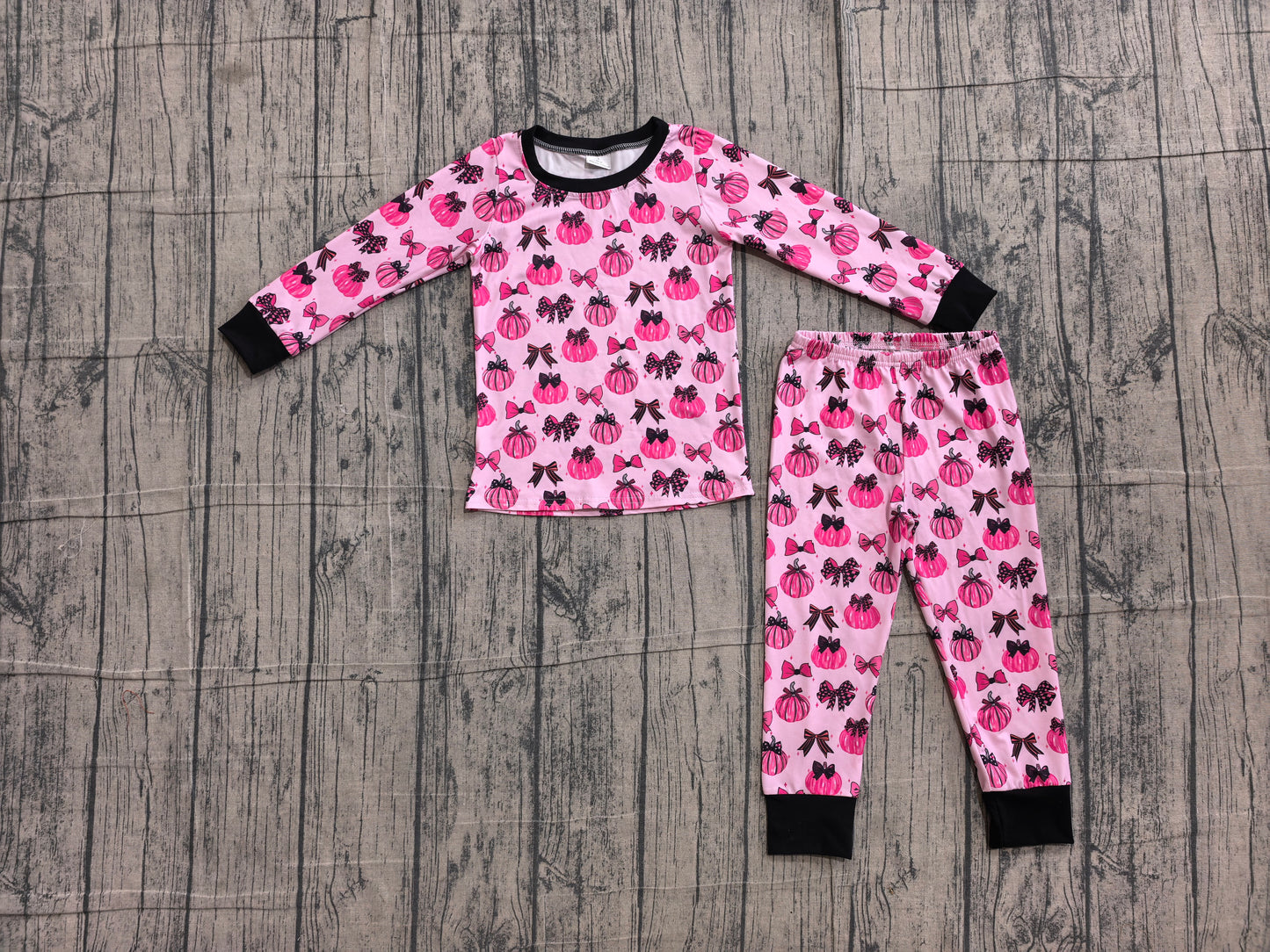(Sample) No moq GLP3375 Baby Girls Pink Bow Pumpkin Print Long Sleeve Top Elastic Waist Long Pants Two Piece Fall Pajamas Sleepwear Sets