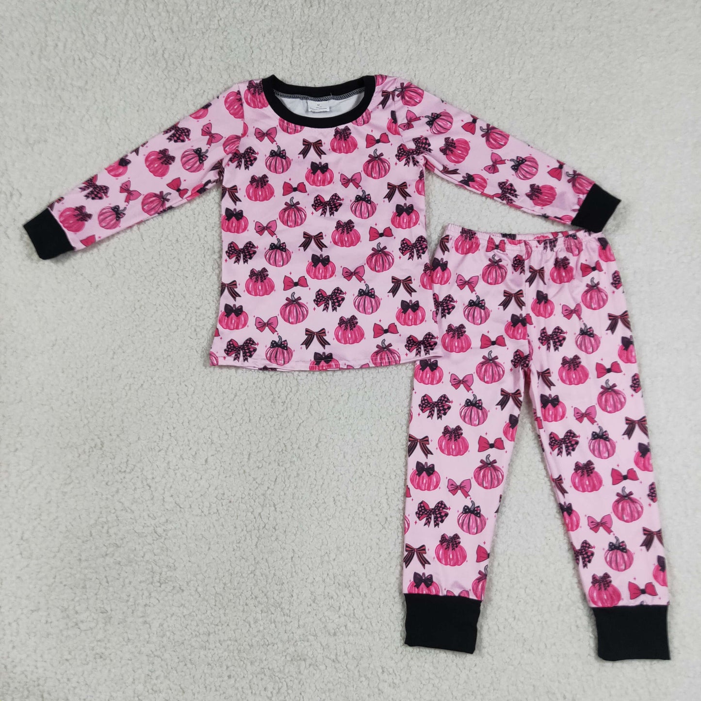 RTS NO MOQ Sibling milk silk Baby Girls Pink Bow Pumpkin Top Pants Pajamas Clothes Set Two Way Zip Convertible Rompers