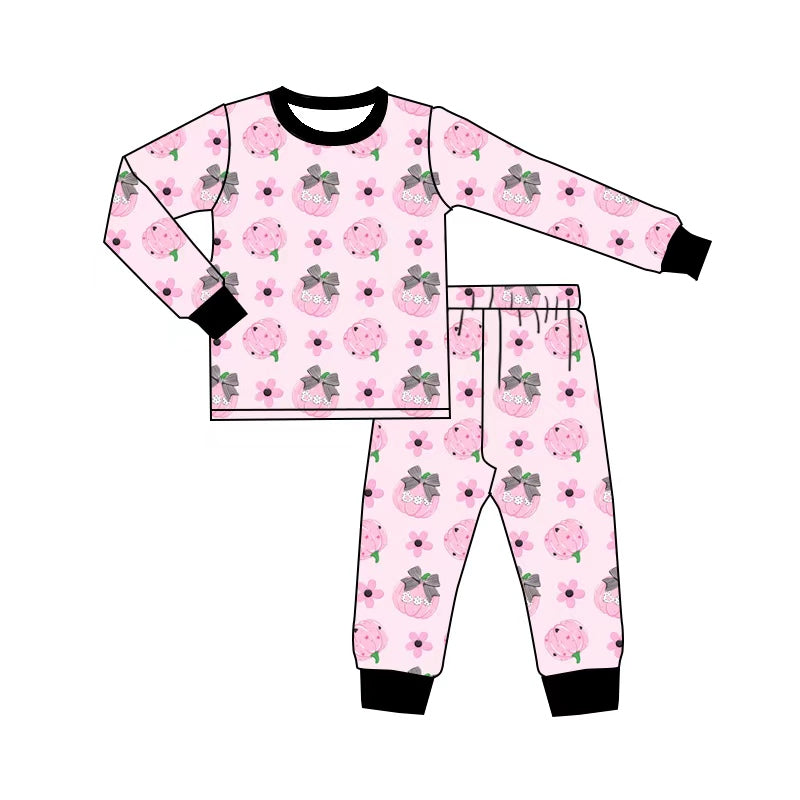 (Pre Order) No moq Baby Girls Halloween Floral Bow Ghost Pumpkin Loungewear Set
