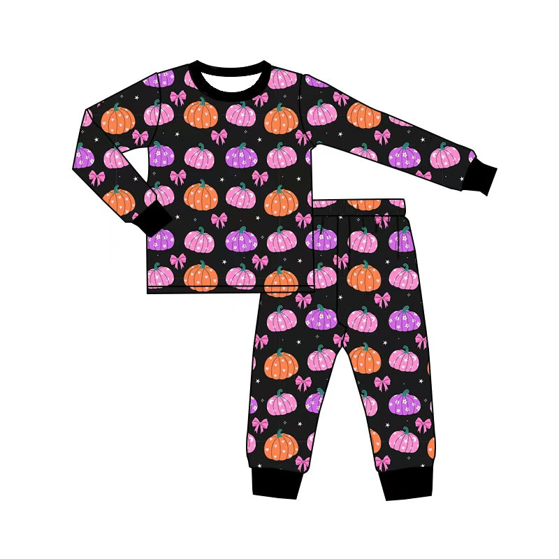 (Pre Order) No moq Baby Girls Halloween Floral Bow Ghost Pumpkin Loungewear Set