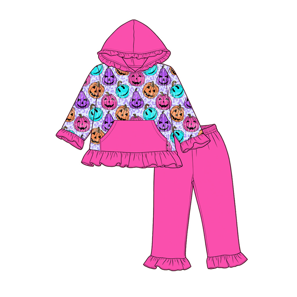 (Pre Order) No moq milk silk Baby Girls Halloween Pumpkin Long Sleeve Hoodie Ruffle Pants Set