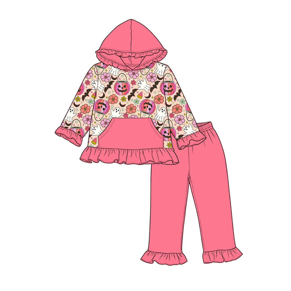 (Pre Order) No moq milk silk Baby Girls Halloween Pumpkin Long Sleeve Hoodie Ruffle Pants Set