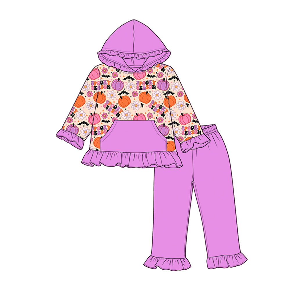 (Pre Order) No moq milk silk Baby Girls Halloween Pumpkin Long Sleeve Hoodie Ruffle Pants Set