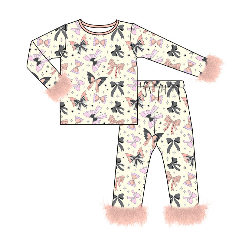 (Pre Order) No moq milk silk Baby Girls Colorful Bows Spiders Fur Sleeves Top Pants Halloween Pajamas Sets
