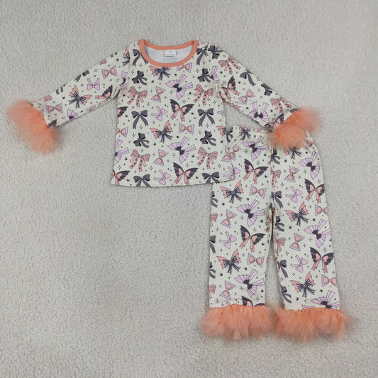 NEW RTS NO MOQ milk silk GLP3386 Baby Girls Halloween Colorful Bow Printed Sleeve Top Pants Pajama Set