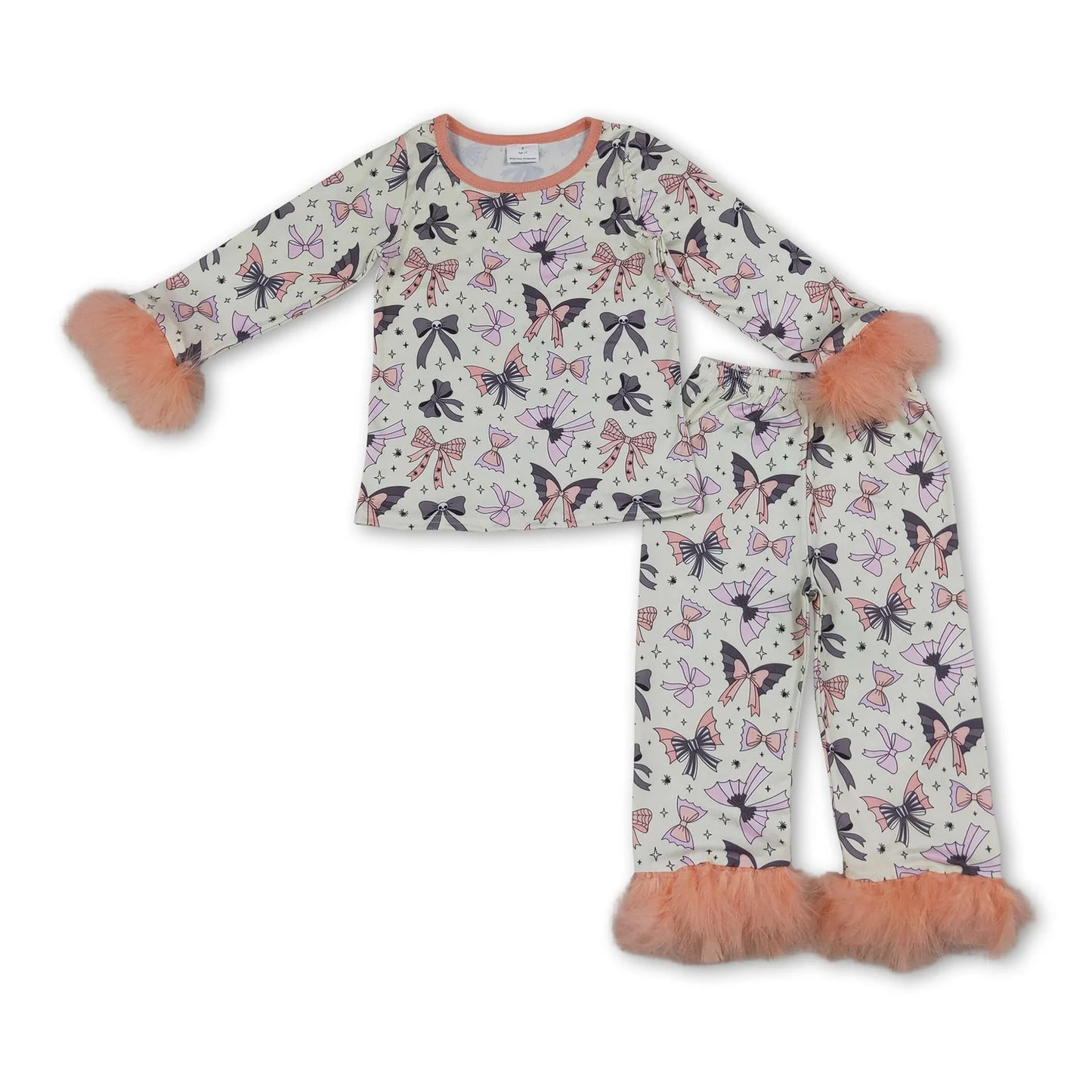 RTS NO MOQ Sibling milk silk Baby Girls Bow Spider Print Fur Sleeve Top Matching Pants Halloween Set Ruffle Zip Convertible Romper