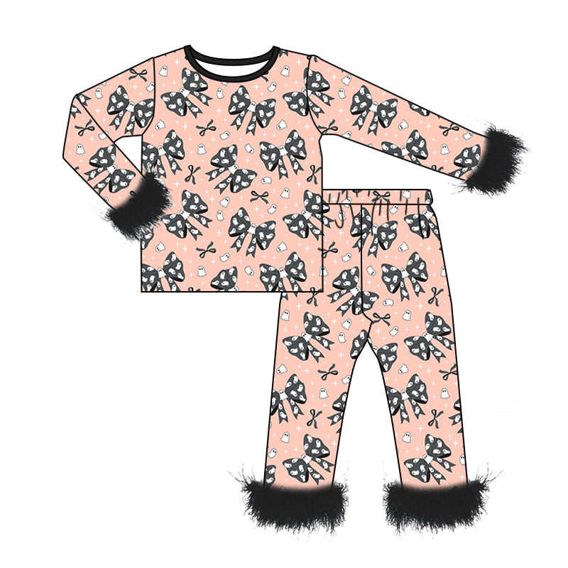 (Pre Order) No moq milk silk Baby Girls Colorful Bows Spiders Fur Sleeves Top Pants Halloween Pajamas Sets