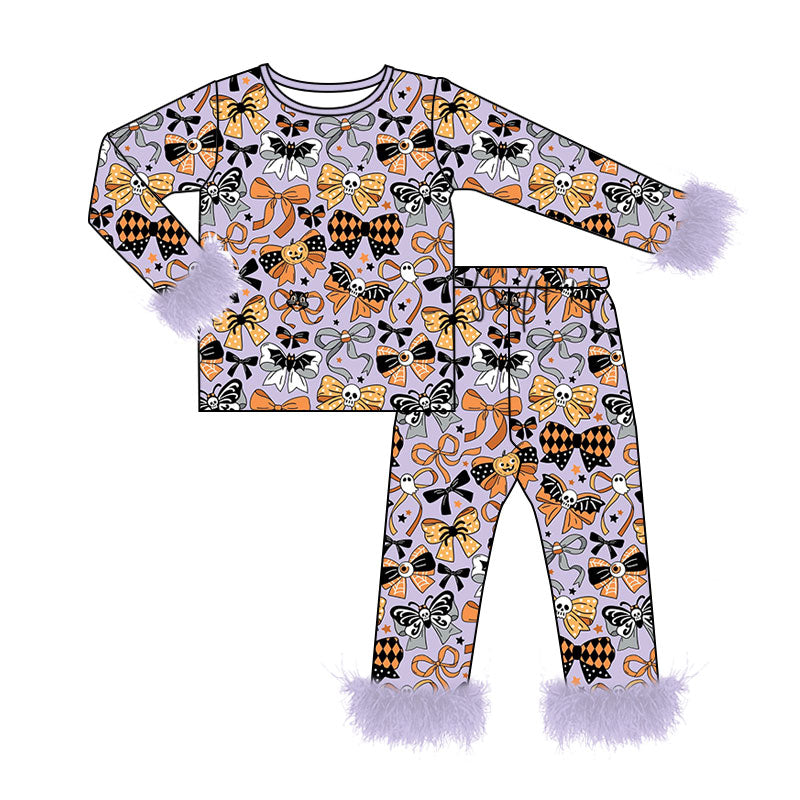 (Pre Order) No moq milk silk Baby Girls Colorful Bows Spiders Fur Sleeves Top Pants Halloween Pajamas Sets