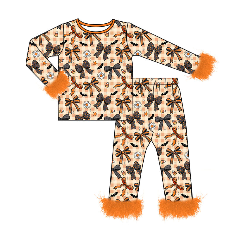 (Pre Order) No moq milk silk Baby Girls Colorful Bows Spiders Fur Sleeves Top Pants Halloween Pajamas Sets