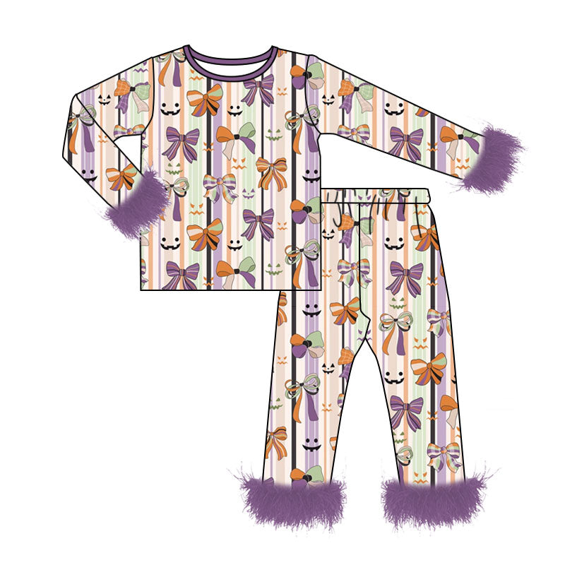 (Pre Order) No moq milk silk Baby Girls Colorful Bows Spiders Fur Sleeves Top Pants Halloween Pajamas Sets