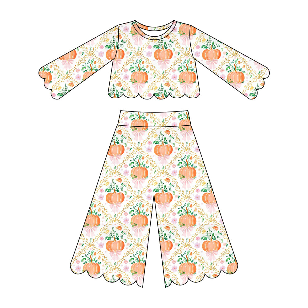 (Pre Order) No moq milk silk Baby Girl Floral Pumpkin Print Long Sleeved Scallop Pants Set