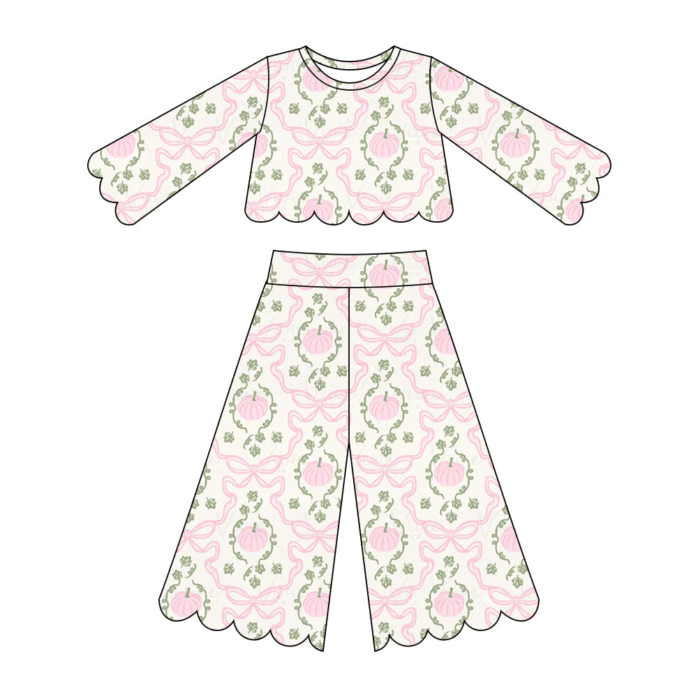 (Pre Order) No moq milk silk Baby Girl Floral Pumpkin Print Long Sleeved Scallop Pants Set