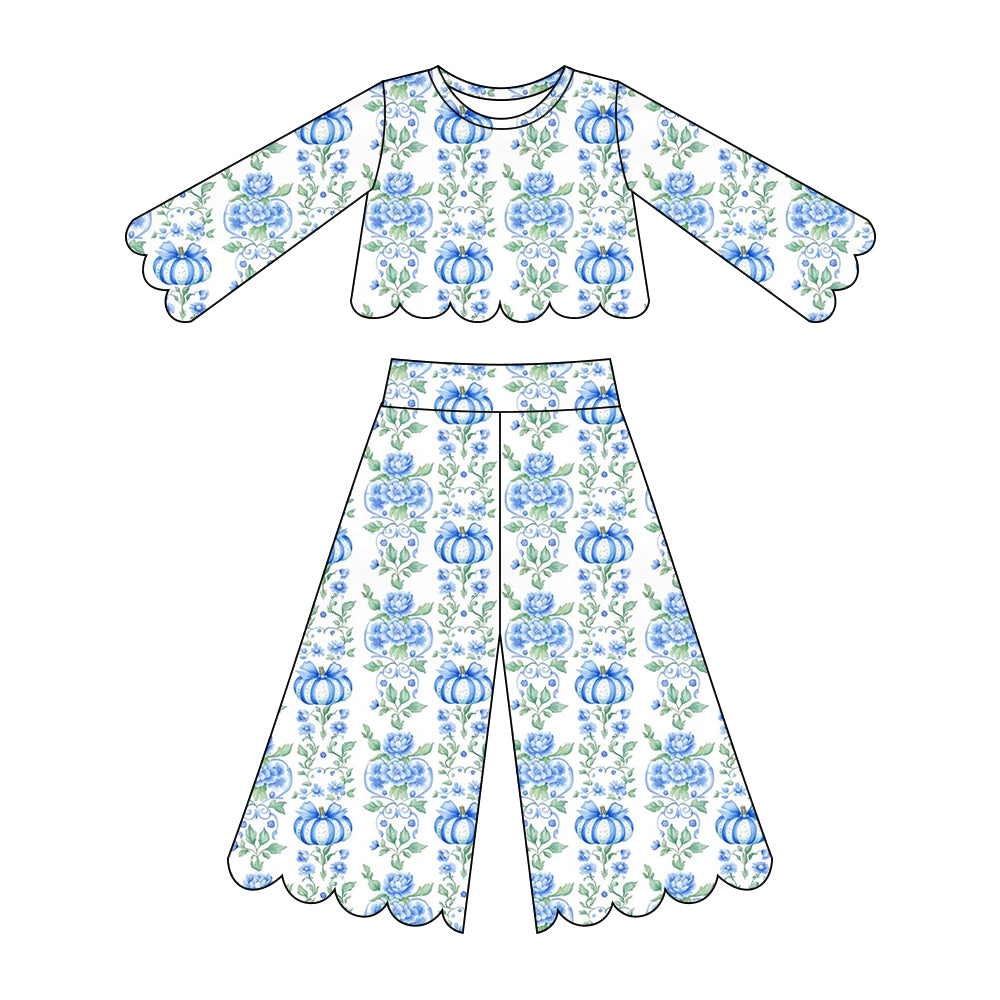 (Pre Order) No moq milk silk Baby Girl Floral Pumpkin Print Long Sleeved Scallop Pants Set