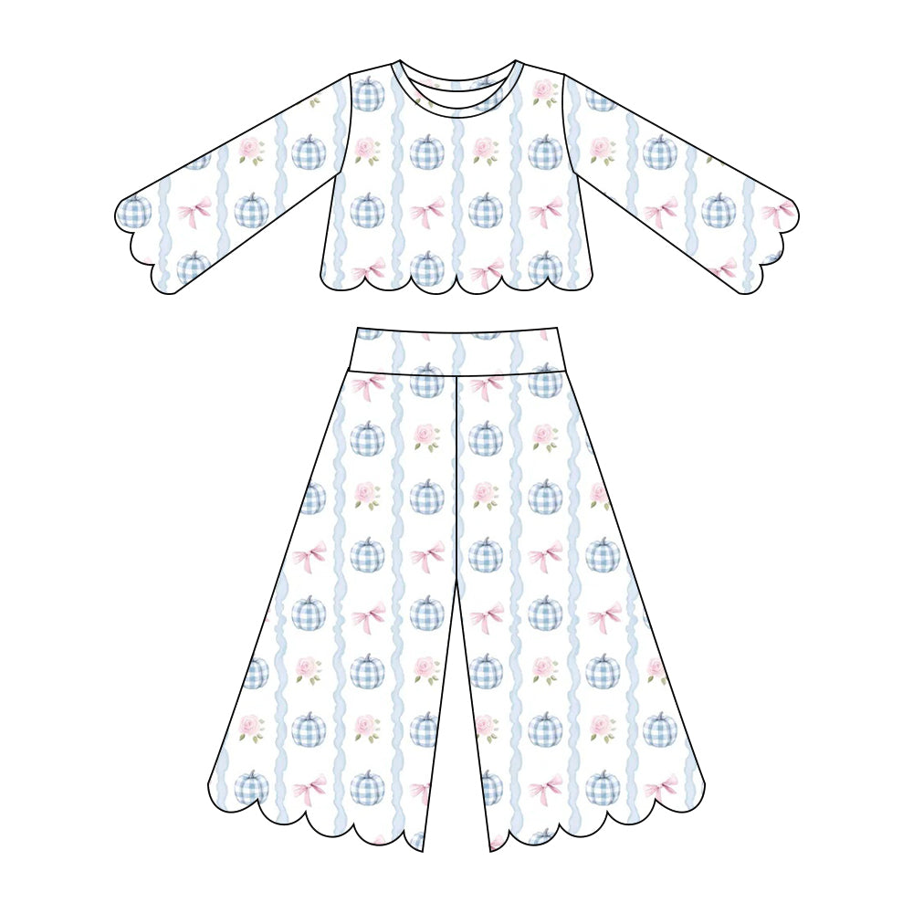 (Pre Order) No moq milk silk Baby Girl Floral Pumpkin Print Long Sleeved Scallop Pants Set